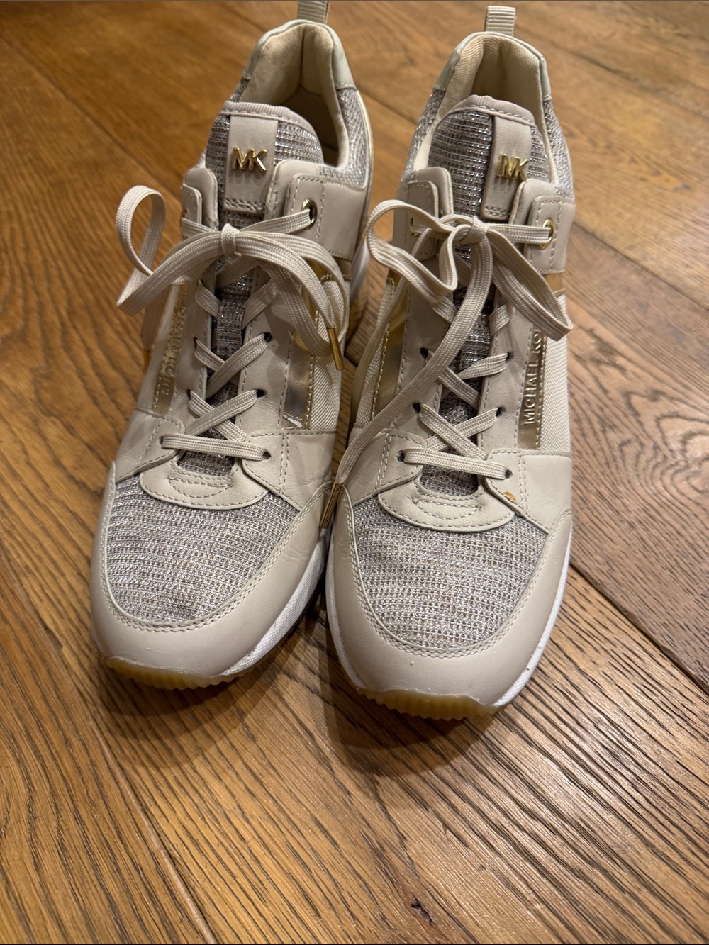 Michael Kors Cream Knit-Panel Lace-Up Sneakers with Gold Accents